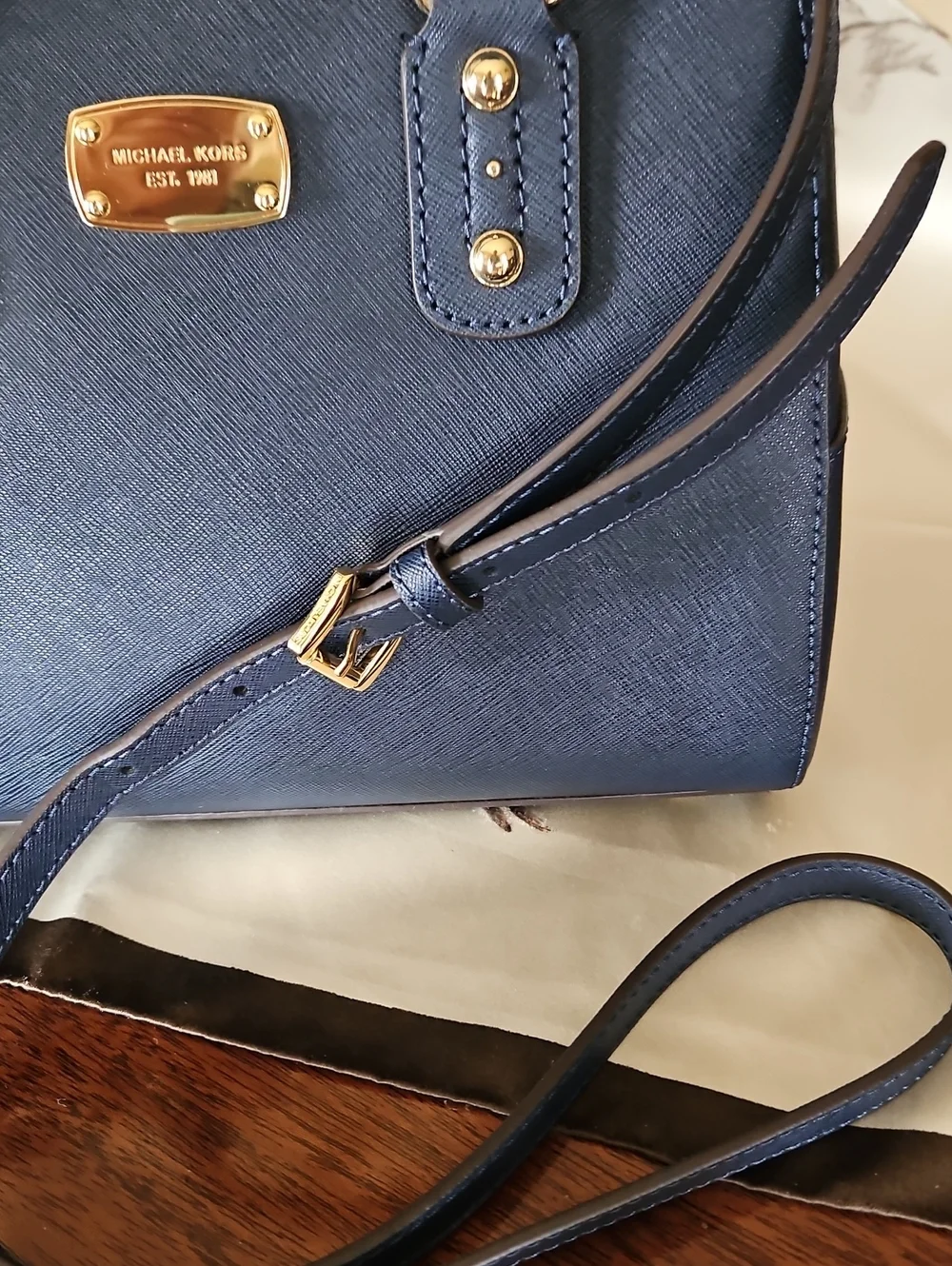 MICHAEL KORS Navy Saffiano Leather Satchel/Crossbody Bag with Gold Hardware